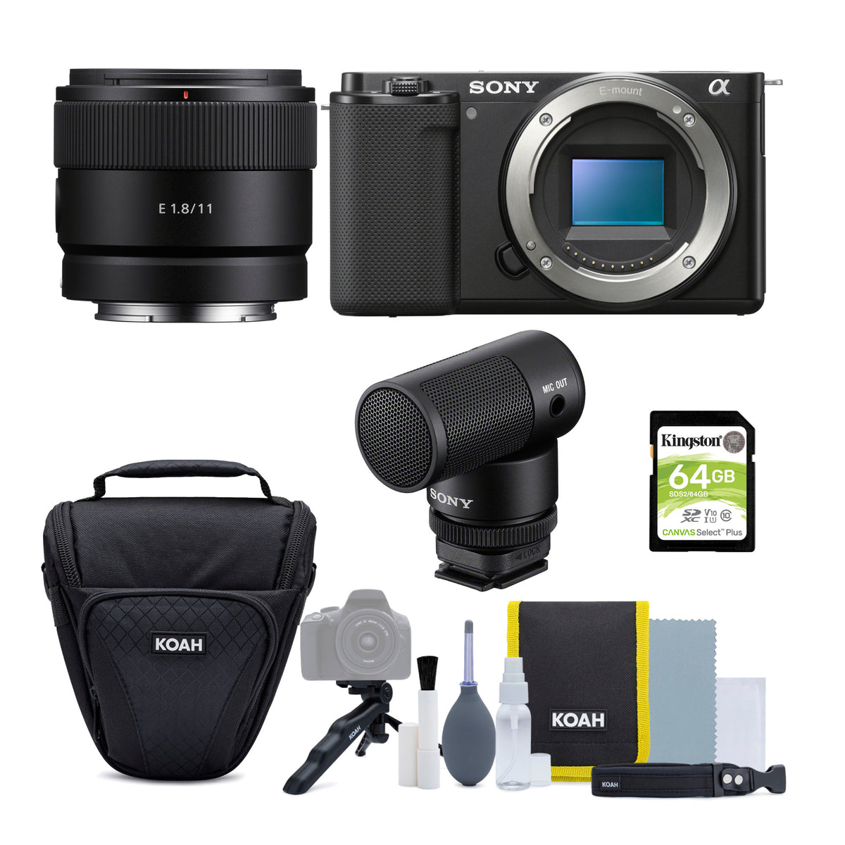 Sony Alpha ZV-E10 APS-C Vlog Camera (Black) with 11mm F1.8 Lens Bundle Content Creator Kit (5 Items)