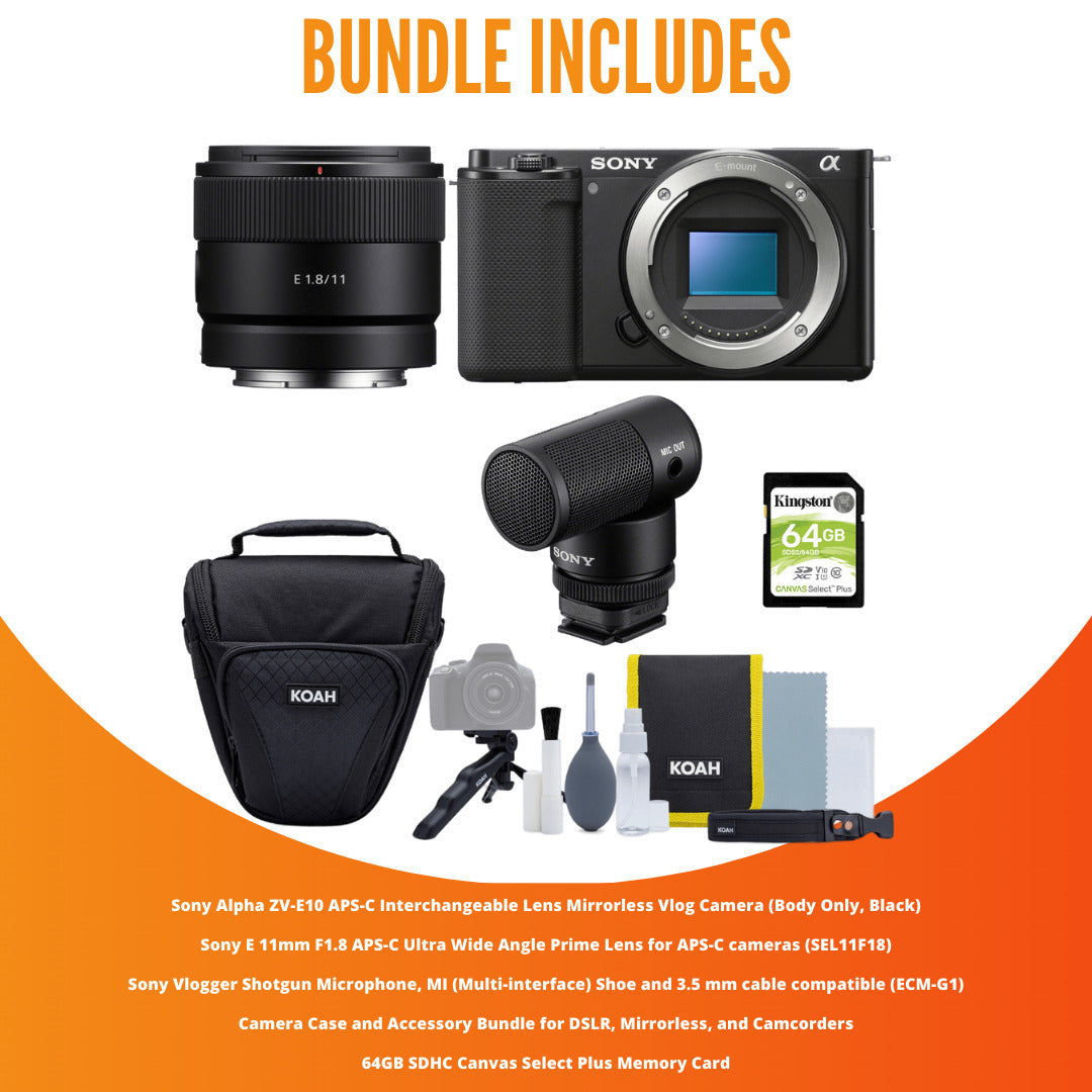 Sony Alpha ZV-E10 APS-C Vlog Camera (Black) with 11mm F1.8 Lens Bundle Content Creator Kit (5 Items)