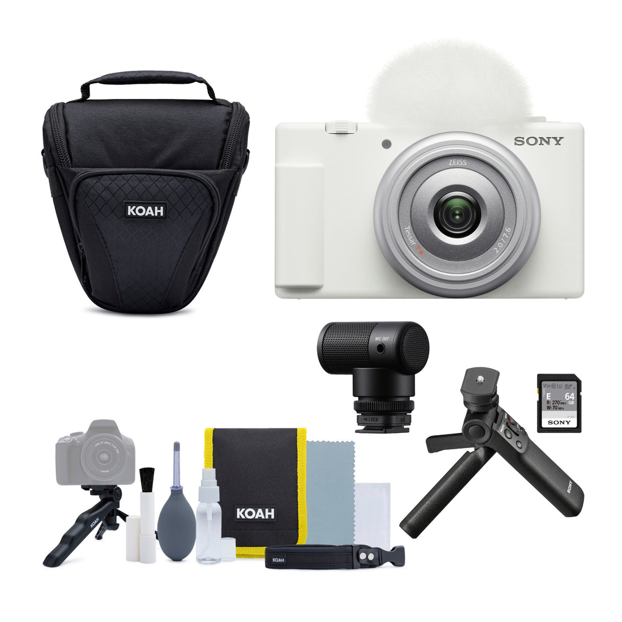 Sony ZV-1F Vlog Camera (White) With Vlogger Kit, Shotgun Microphone, Camera Case and Accessory