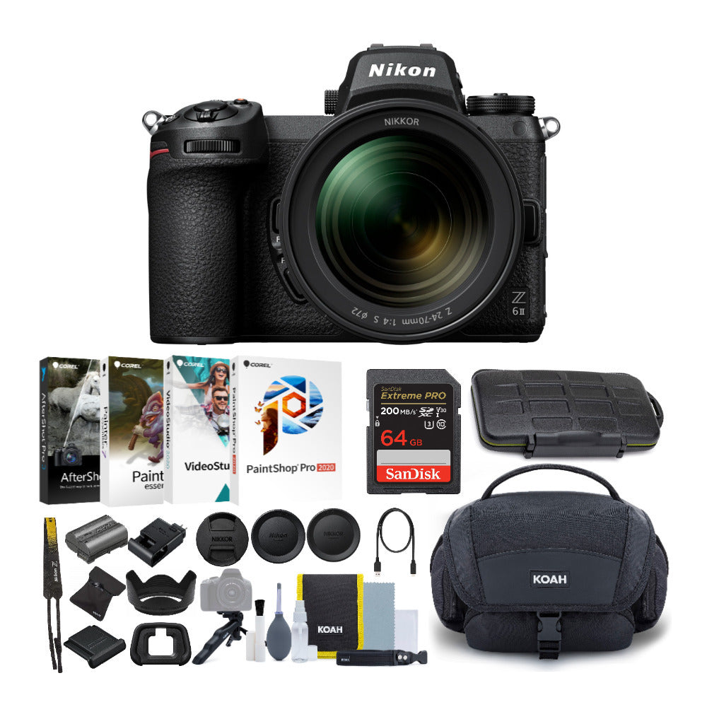 Nikon Z6II Mirrorless with 24-70mm Lens, 64GB Card, Shoulder Bag, Software and Accessory Bundle