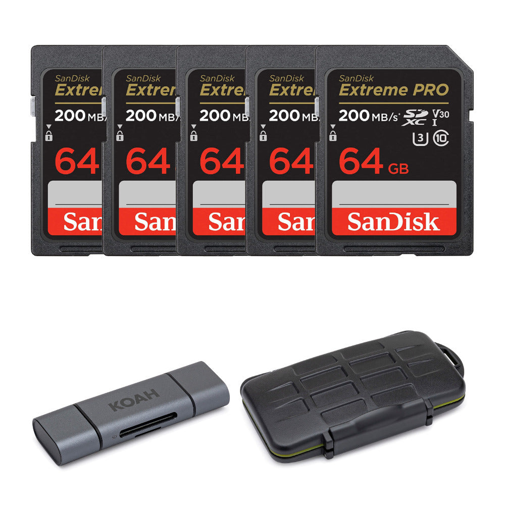 SanDisk 64GB Extreme PRO 200MB/s SDXC V30 Memory Card (5-Pack) with Storage Case and Card Reader