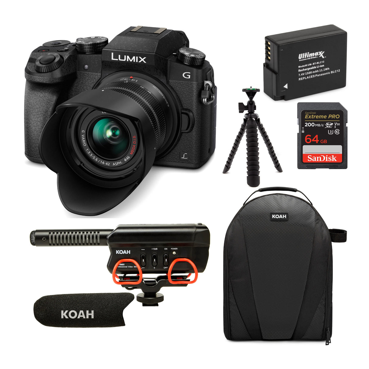 Panasonic LUMIX G7 Mirrorless Camera with 14-42mm Lens and Koah Microphone Bundle