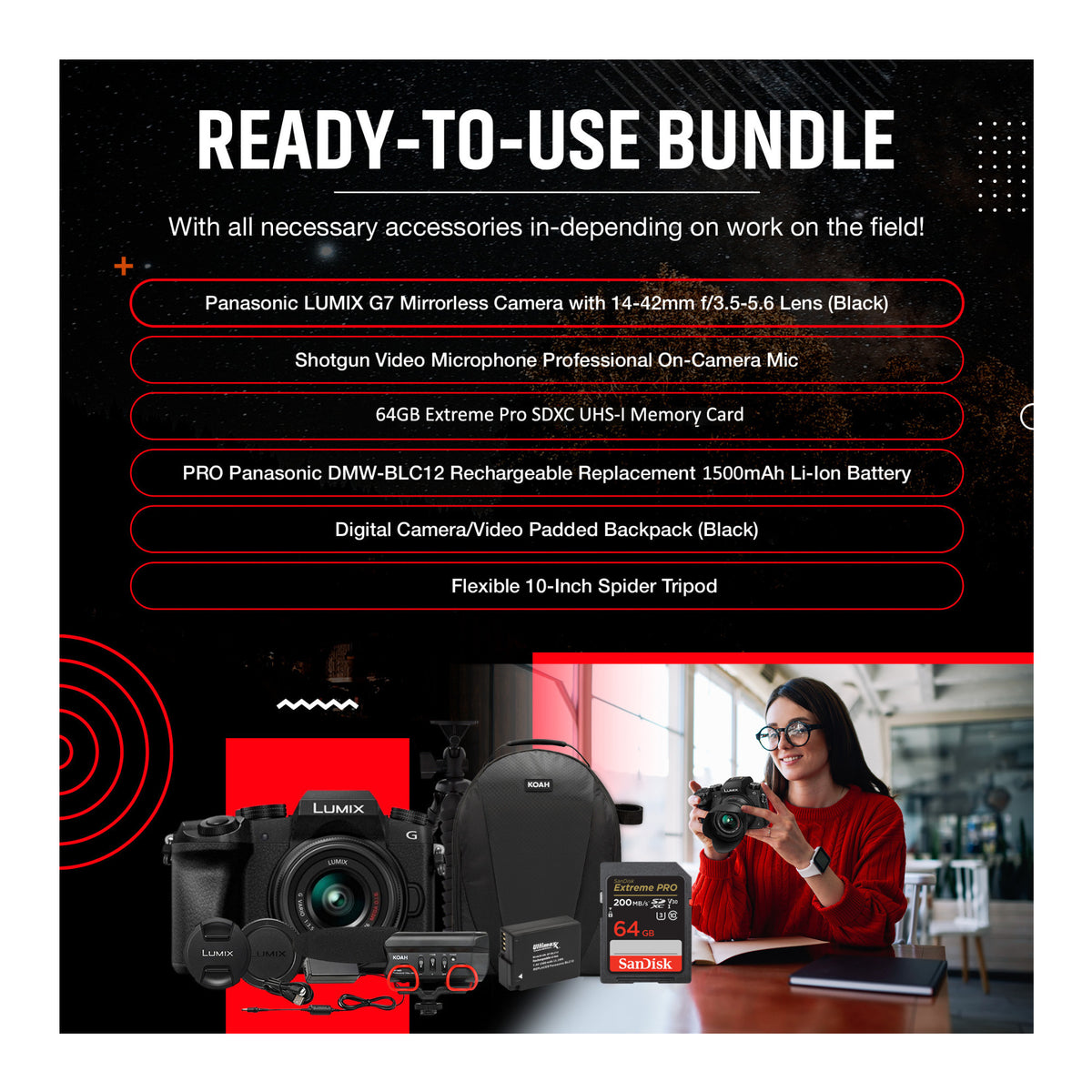 Panasonic LUMIX G7 Mirrorless Camera with 14-42mm Lens and Koah Microphone Bundle
