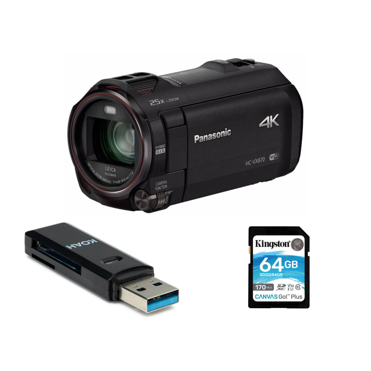 Panasonic Hc-VX870 4K Ultra HD Camcorder With 64GB SD Card and Koah Pro USB 3.0 Memory Card Reader