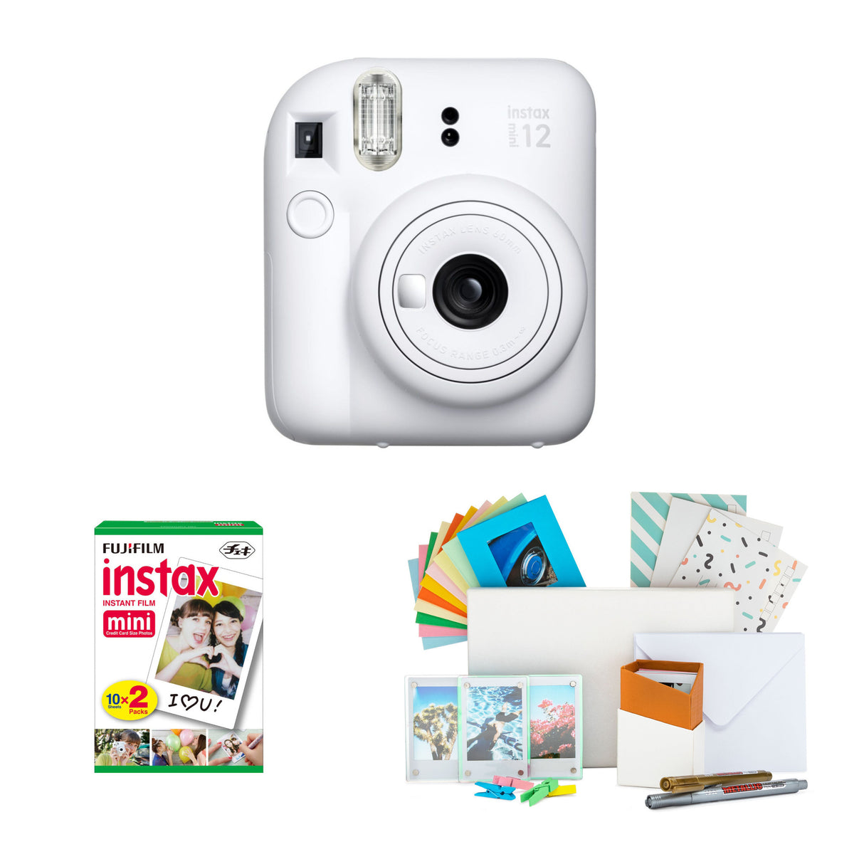 Fujifilm Instax Mini 12 Instant Camera (White Clay) and Instax Film Kit Bundle