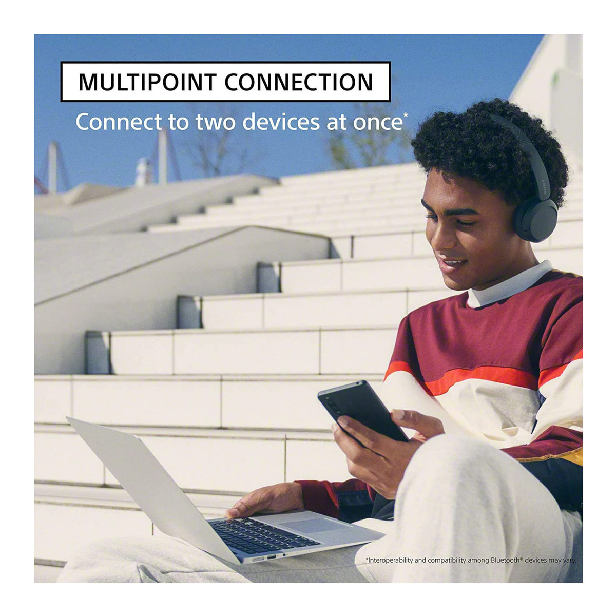 Sony WH-CH520 Compact Easy Carrying Wireless Bluetooth On-Ear Headphones (Black) with Stand