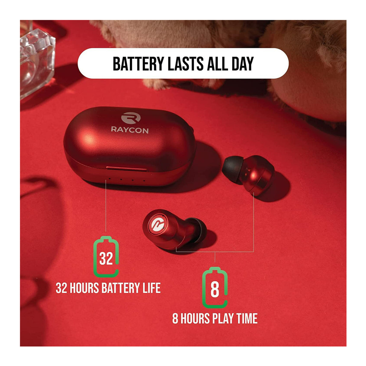 Raycon The Everyday Bluetooth Splash Resistant IPX6 Wireless Earbuds (Flare Red)