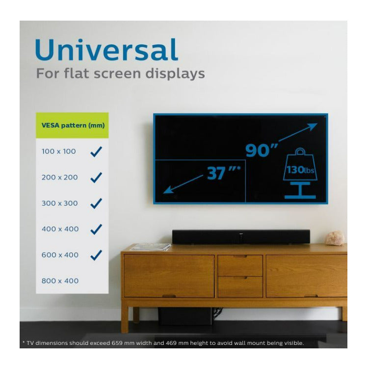 Philips Thin Space-Saving Fixed VESA-Compatible TV Wall Mount for Up To 90-Inch Flat-Screen (Black)