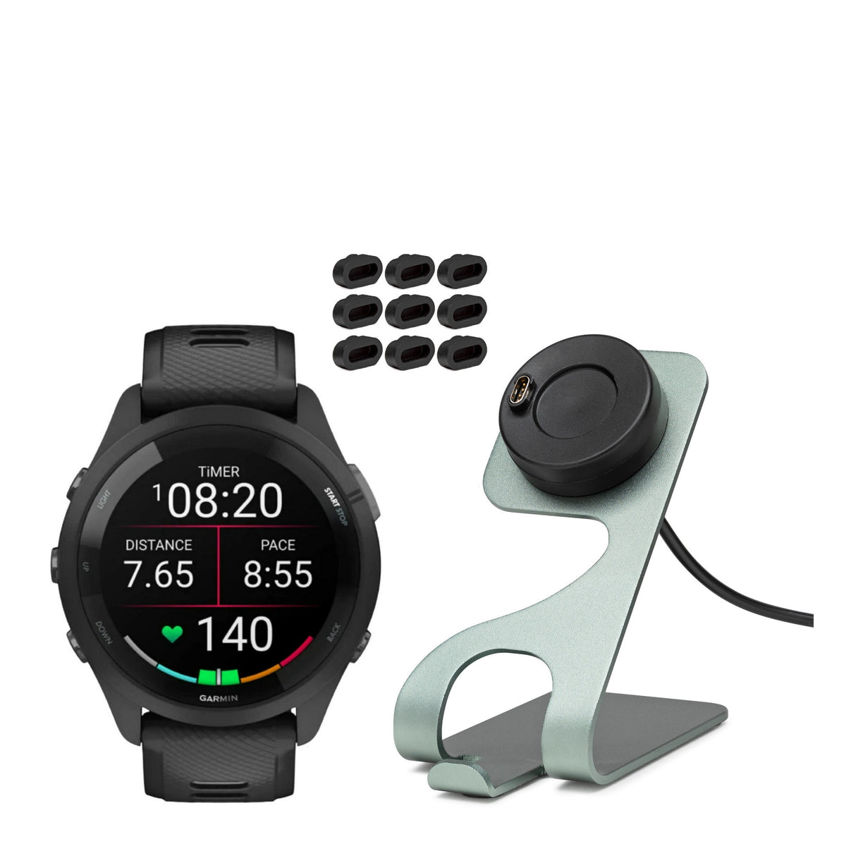 Garmin Forerunner 265 GPS Running Smartwatch (Black) with Charger Stand and Port Protection Plugs