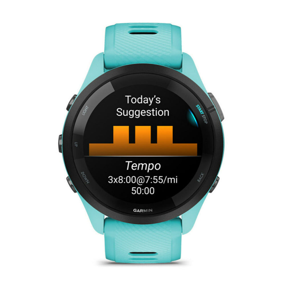 Garmin Forerunner 265 GPS Running Smartwatch (Aqua) with Charger Stand and Port Protection Plugs