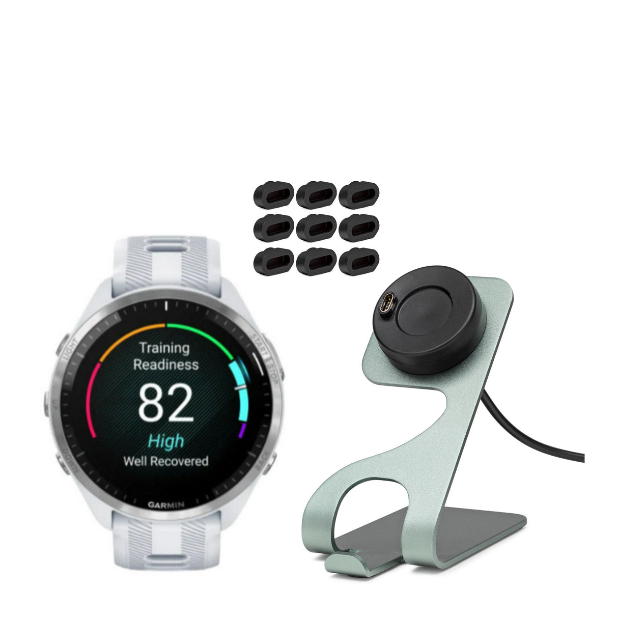 Garmin Forerunner 965 GPS Running Smartwatch (White) with Charger Stand and Port Protection Plugs