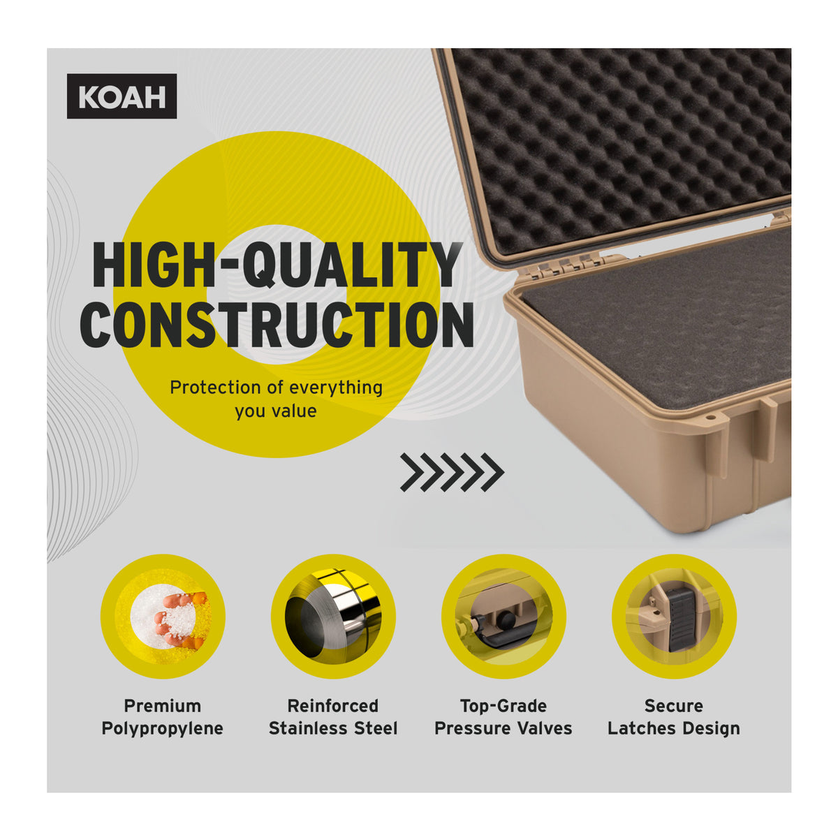 Koah Weatherproof Hard Case with Customizable Foam (18 x 14 x 7 Inch) - Tan (Open Box)