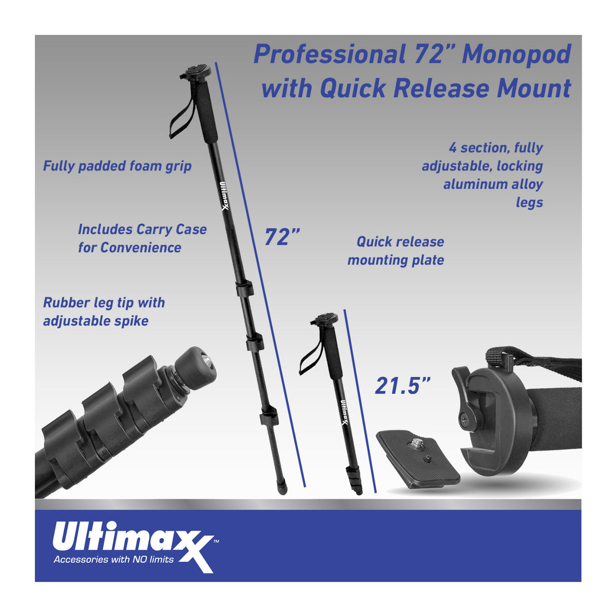 Ultimaxx 72-Inch Monopod with Quick Release Mounting Plate, Secure Wrist Strap