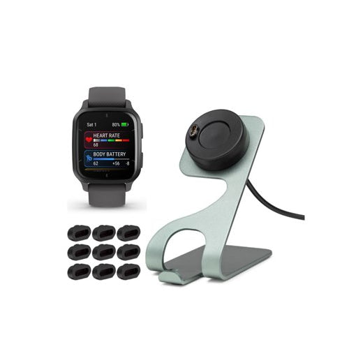 Garmin Venu Sq 2 Smartwatch (Slate) Bundle with Charger Stand Port Protector Plugs (x9)