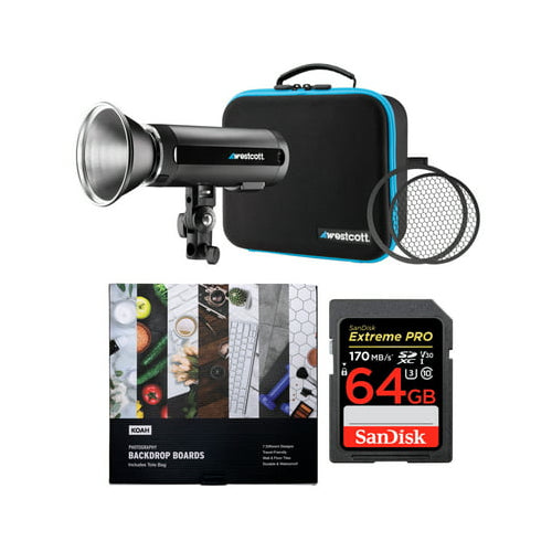 Westcott FJ200 200Ws Strobe Light with 64GB SD Card and Koah Photography Backdrop Boards