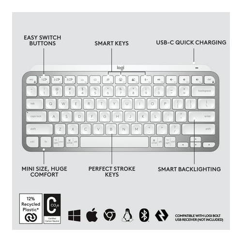 Logitech MX Keys Mini Minimalist Wireless Illuminated Keyboard (Pale Gray)