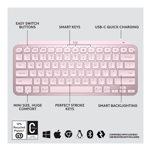 Logitech MX Keys Mini Minimalist Wireless Illuminated Keyboard (Rose)