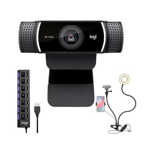 Logitech C922 Pro Stream Webcam 1080P Camera with USB Hub and Selfie Ring Light Bundle