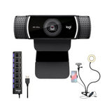 Logitech C922 Pro Stream Webcam 1080P Camera with USB Hub and Selfie Ring Light Bundle