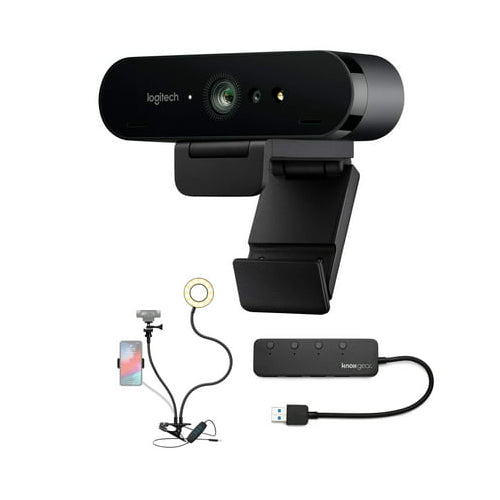 Logitech Brio Ultra HD Webcam with Knox Gear Selfie Ring Light and 4-Port USB Hub Bundle