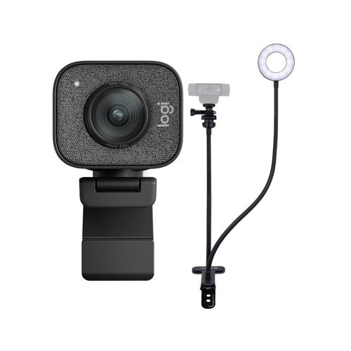 Logitech StreamCam Plus Webcam with Tripod (Graphite) and Webcam Stand with Selfie Ring Light