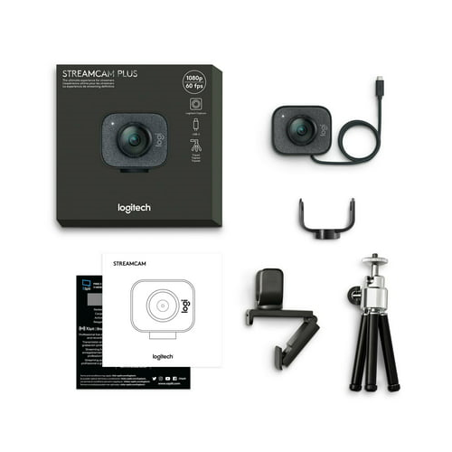 Logitech StreamCam Plus Webcam with Tripod (Graphite) and Webcam Stand with Selfie Ring Light