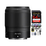 Nikon 20081 NIKKOR Z 35mm f/1.8 S Wide Angle Lens Bundle with 64 GB card and 62mm Filter Kit