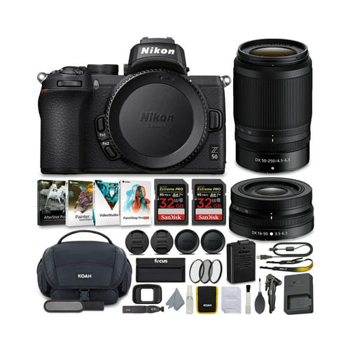 Nikon Z50 Mirrorless Camera with NIKKOR Z 16-50 and 50-250mm VR Lenses and 64GB Card Kit Bundle