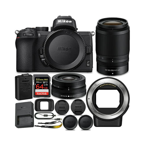 Nikon Z 50 Mirrorless Camera with Z 16-50 & 50-250 VR Lens and Adapter with 64GB Card and Accessory