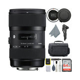 Sigma 18-35mm f/1.8 DC HSM Art Lens for Canon DSLR Cameras with 64GB SD Card and Accessory Bundle