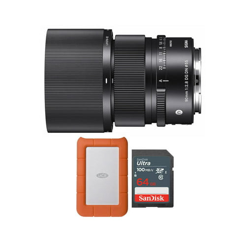 Sigma 90mm F2.8 DG DN Contemporary Lens for Sony E-Mount with 1 TB Hard Drive and Memory Card
