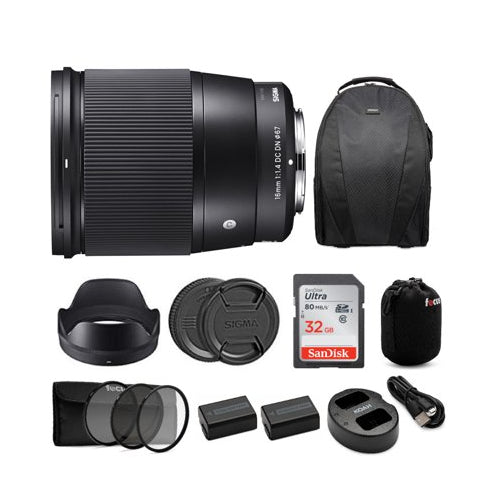 Sigma 16mm f/1.4 DC DN Contemporary Lens for Sony E Mount Cameras with Backpack Bundle