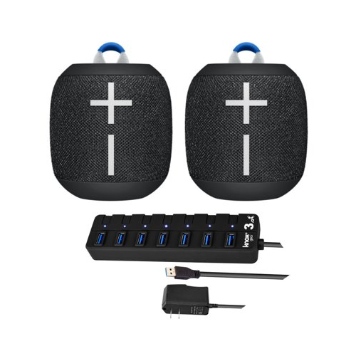 Ultimate Ears WONDERBOOM 2 Portable Bluetooth Speaker Pair (Deep Space) with Knox Gear 7-Port USBHub