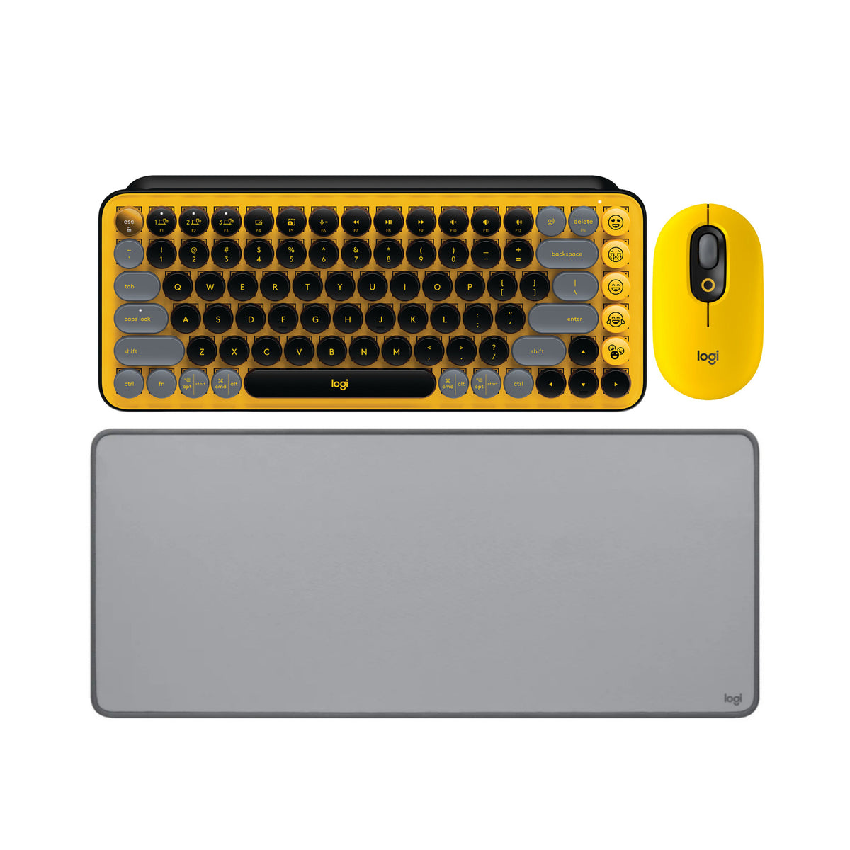 Logitech Pop Keys Wireless Mechanical Keyboard with Emoji Keys (Yellow) w/Wireless Mouse & Desk Mat