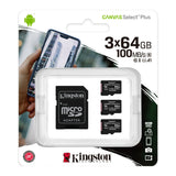 Kingston 64GB 100MB/s Read Speed Canvas Durable Select Plus UHS-I microSDXC Memory Cards (3-Pack)