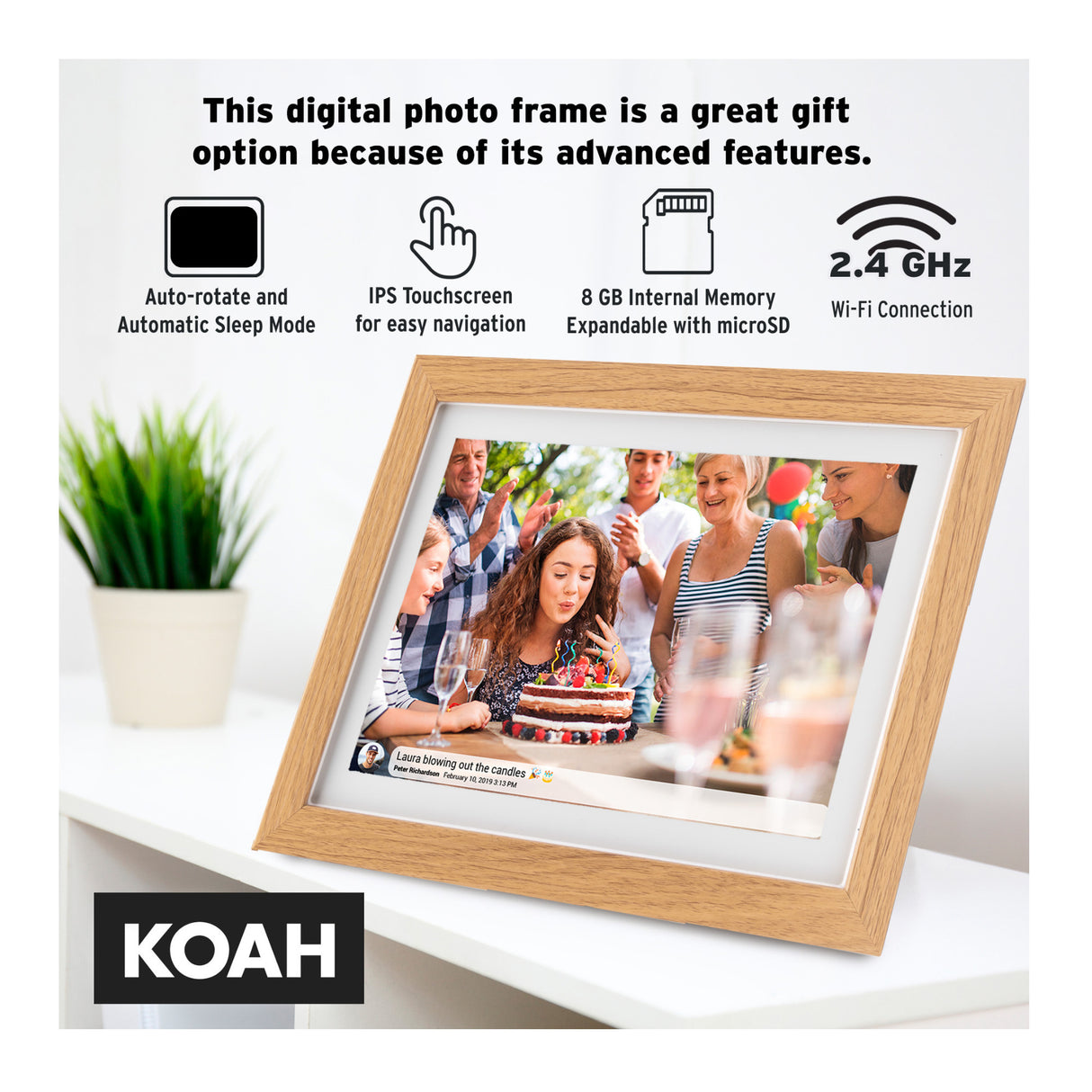 Koah Smart Wi-Fi 10.1" Digital Photo Frame with FRAMEO, (8GB, Brown Wood)