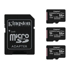 Kingston 64GB 100MB/s Read Speed Canvas Durable Select Plus UHS-I microSDXC Memory Cards (3-Pack)