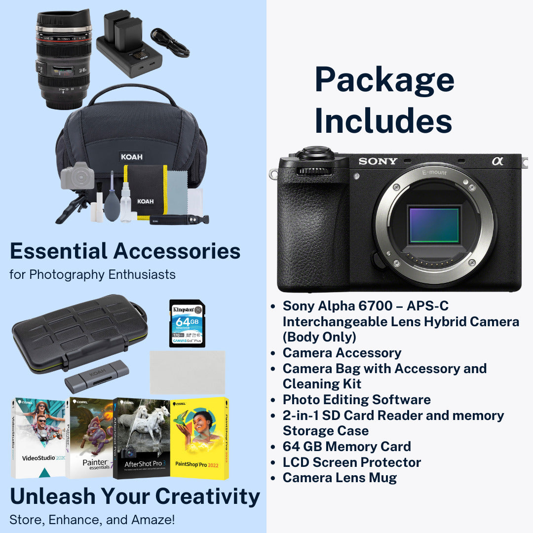 Sony Alpha 6700  APS-C Interchangeable Lens Hybrid Camera Body with Mug, SD Card and Essentials Kit
