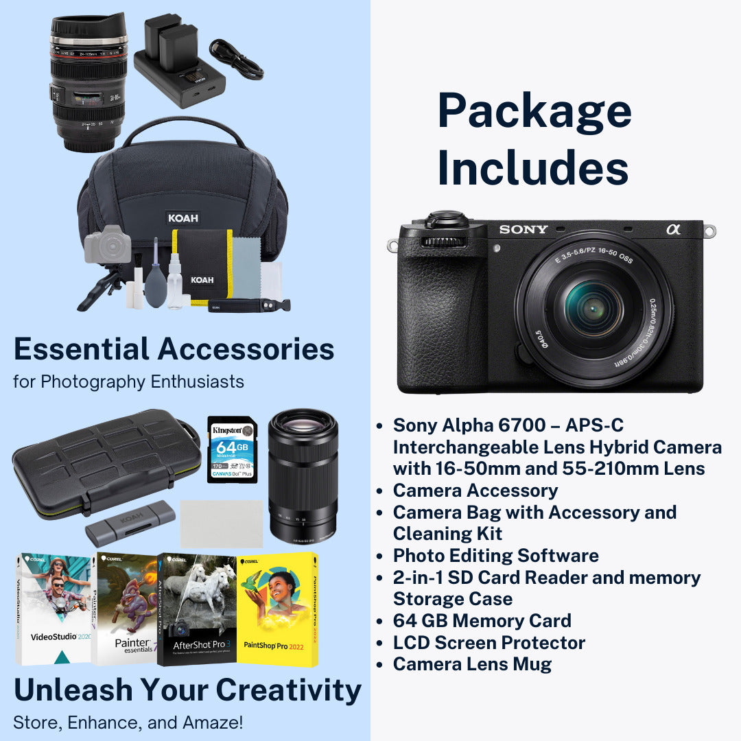 Sony Alpha 6700 APS-C Mirrorless Camera with 16-50 and 55-210mm Lens w/Photo Editing Software Bundle