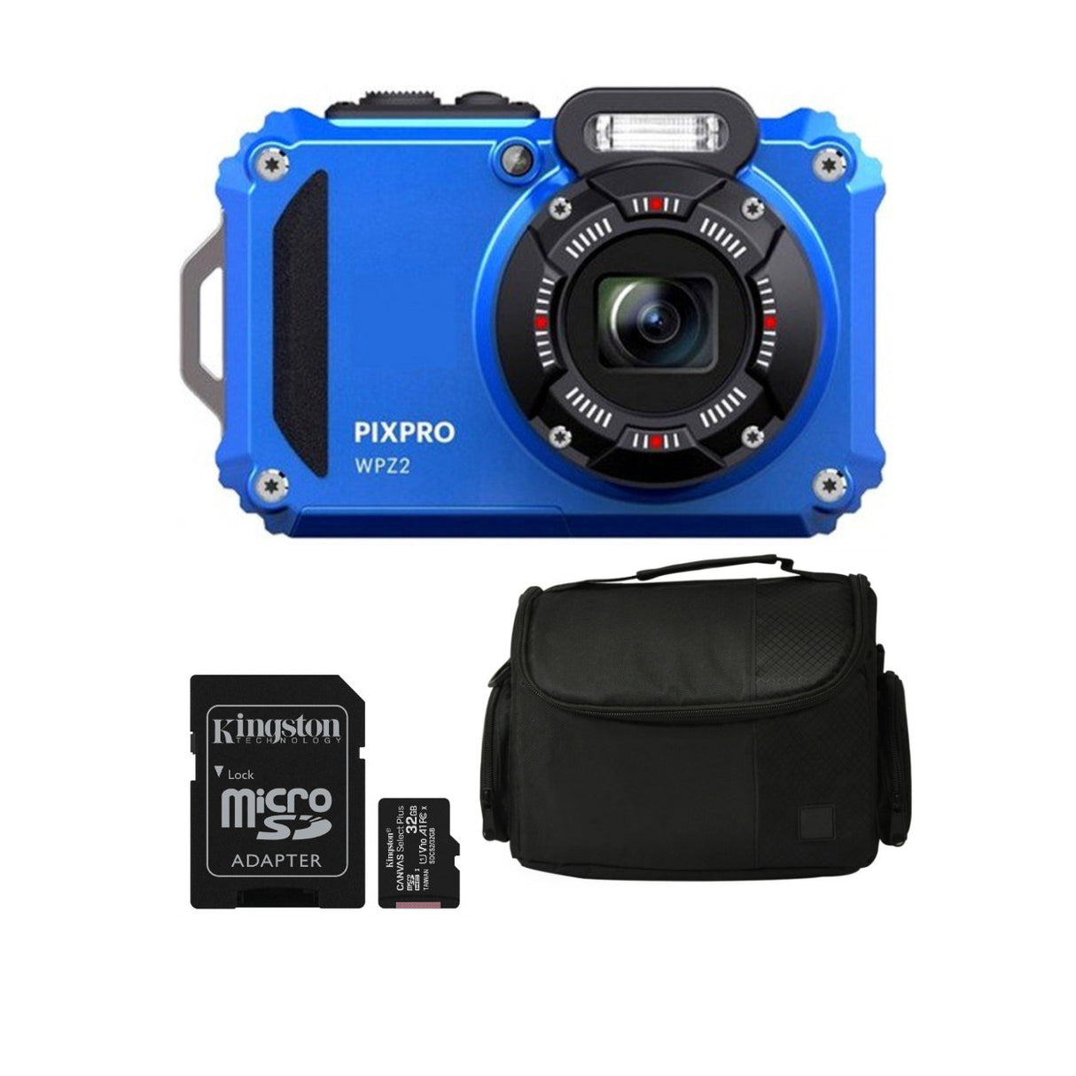 Kodak PIXPRO WPZ2 Rugged Waterproof 16MP Camera with 4x Zoom (Blue) with Case and 32GB MicroSD Card