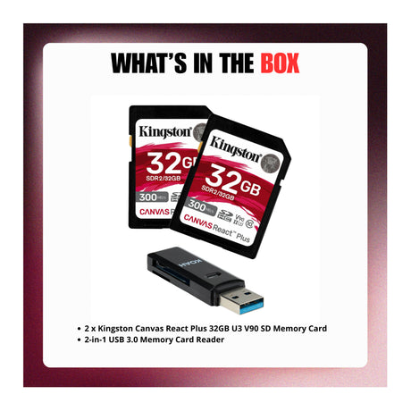 Kingston Canvas React Plus 32GB U3 V90 SD Memory Card with Card Reader Bundle - 7