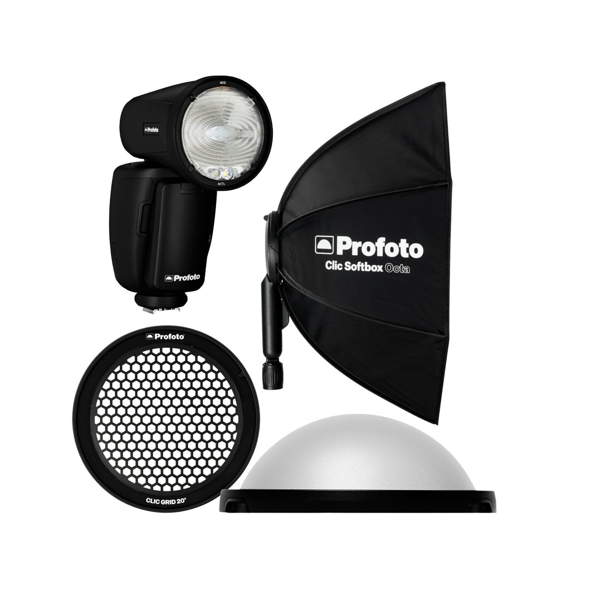 Profoto A10 AirTTL-C Studio Light for Nikon with Clic Dome, Clic Grid 20°, Clic Softbox 2' Octa