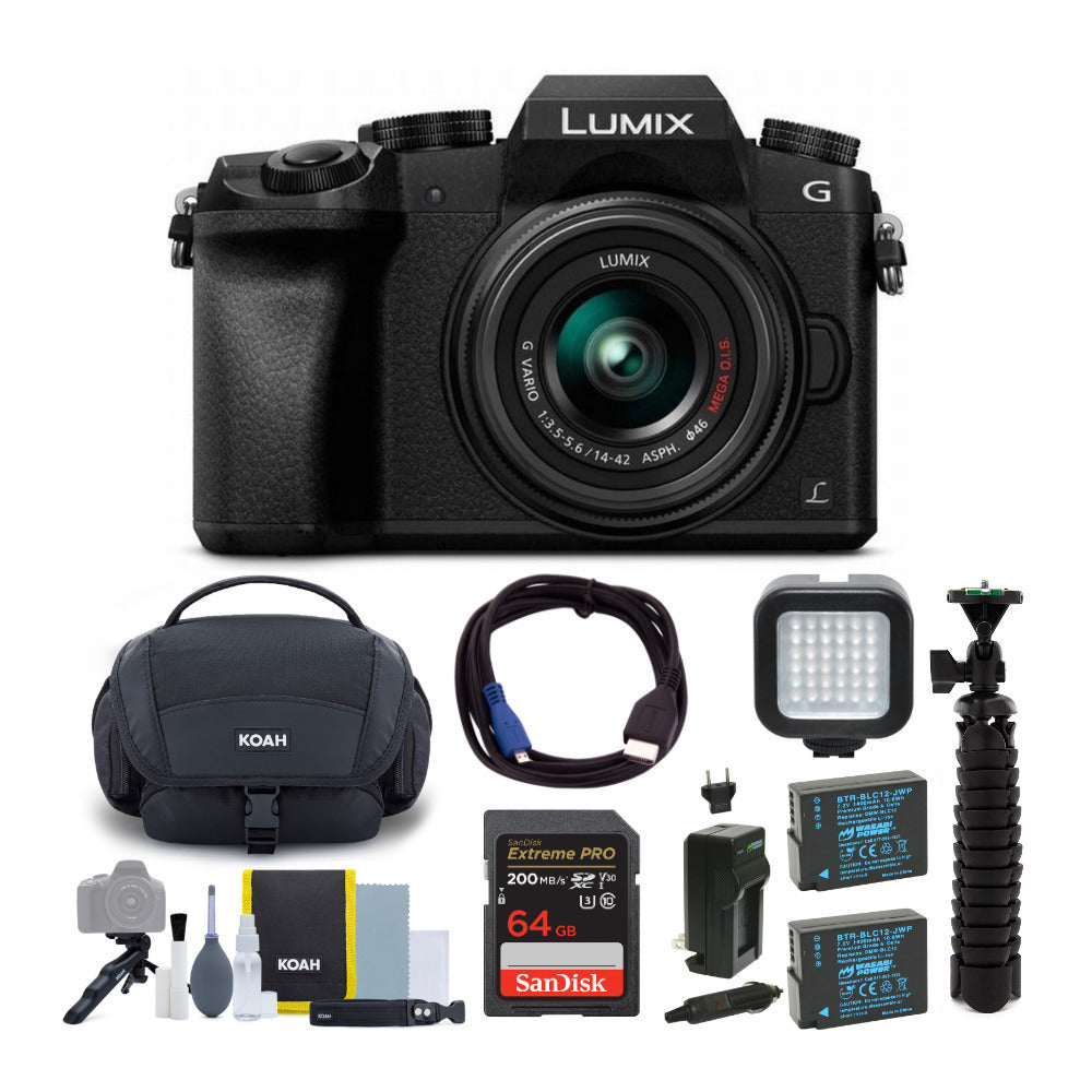 Panasonic LUMIX G7 Mirrorless Camera with 14-42mm f/3.5-5.6 Lens (Black) with 64 SD Memory Card and Accessory Bundle