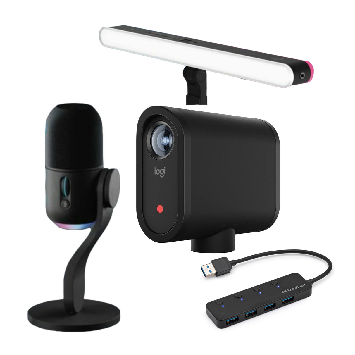 Logitech Yeti GX RGB LIGHTSYNC-Powered Microphone, Mevo Streaming Camera, G Litra Beam + Knox 4 Port
