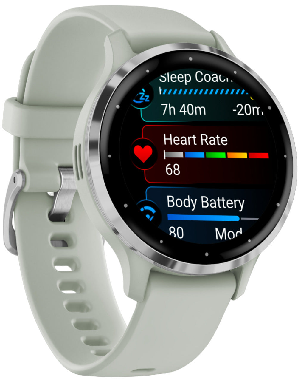 Garmin Venu 3S Silver Stainless Steel Bezel Smart Watch with 41mm Sage Gray Case and Silicone Band