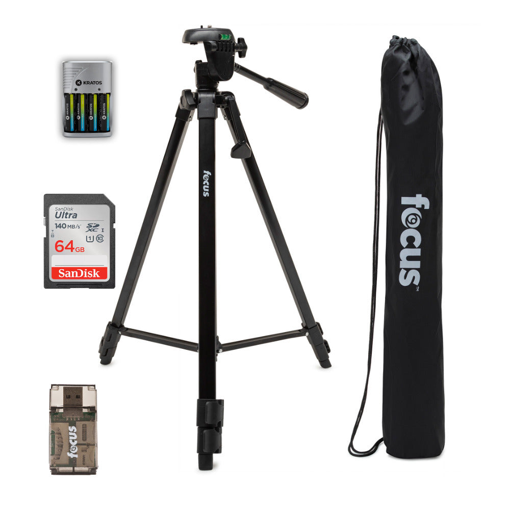 Focus Camera Travel DSLR Camera Tripod Stand with 64GB SD Card, and Card Reader