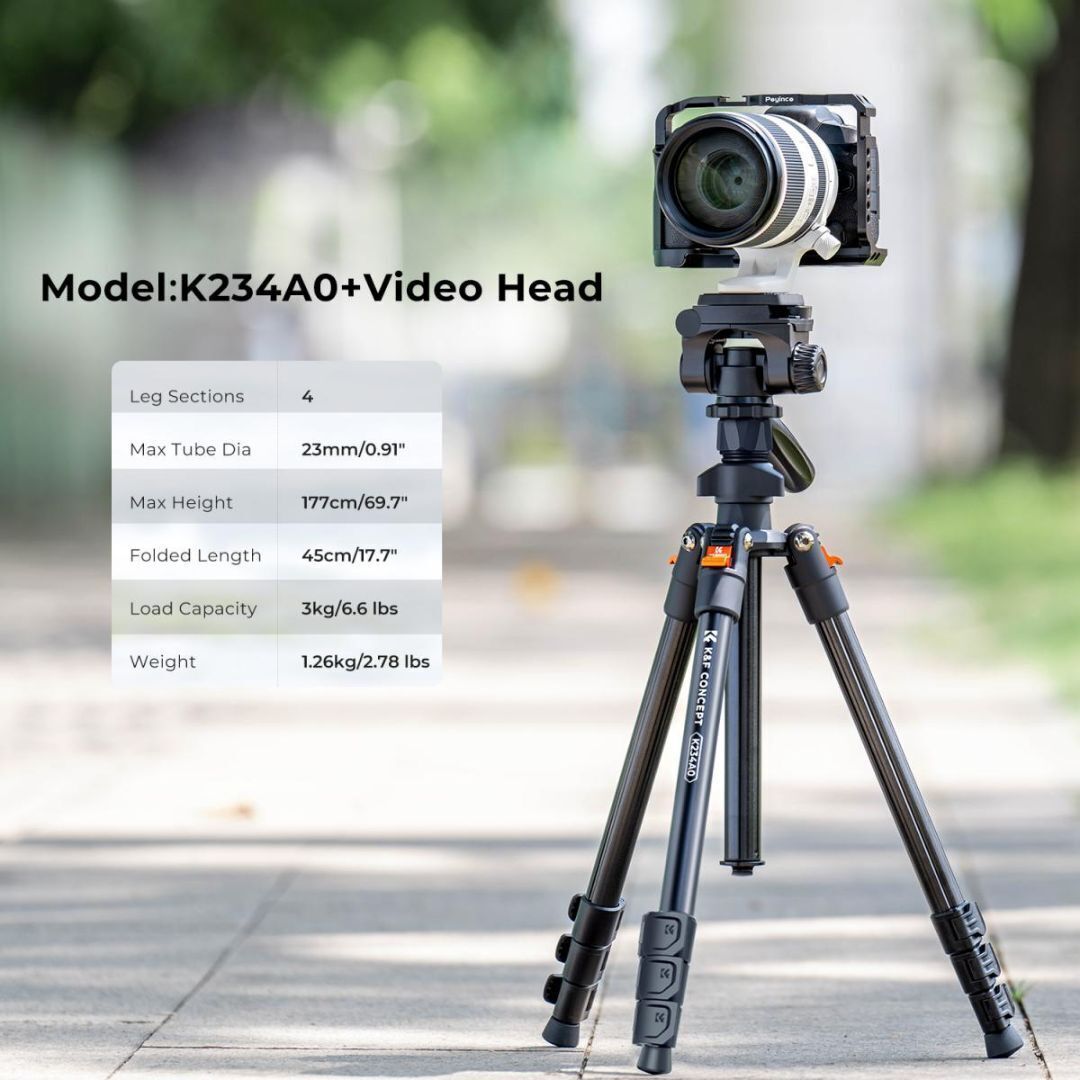 K&F Concept 64-Inch Professional Aluminum Tripod Model K234A0 and Video Head with Phone Holder