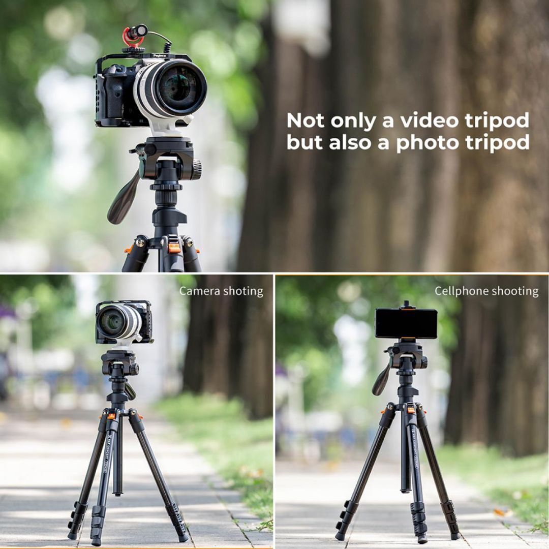 K&F Concept 64-Inch Professional Aluminum Tripod Model K234A0 and Video Head with Phone Holder