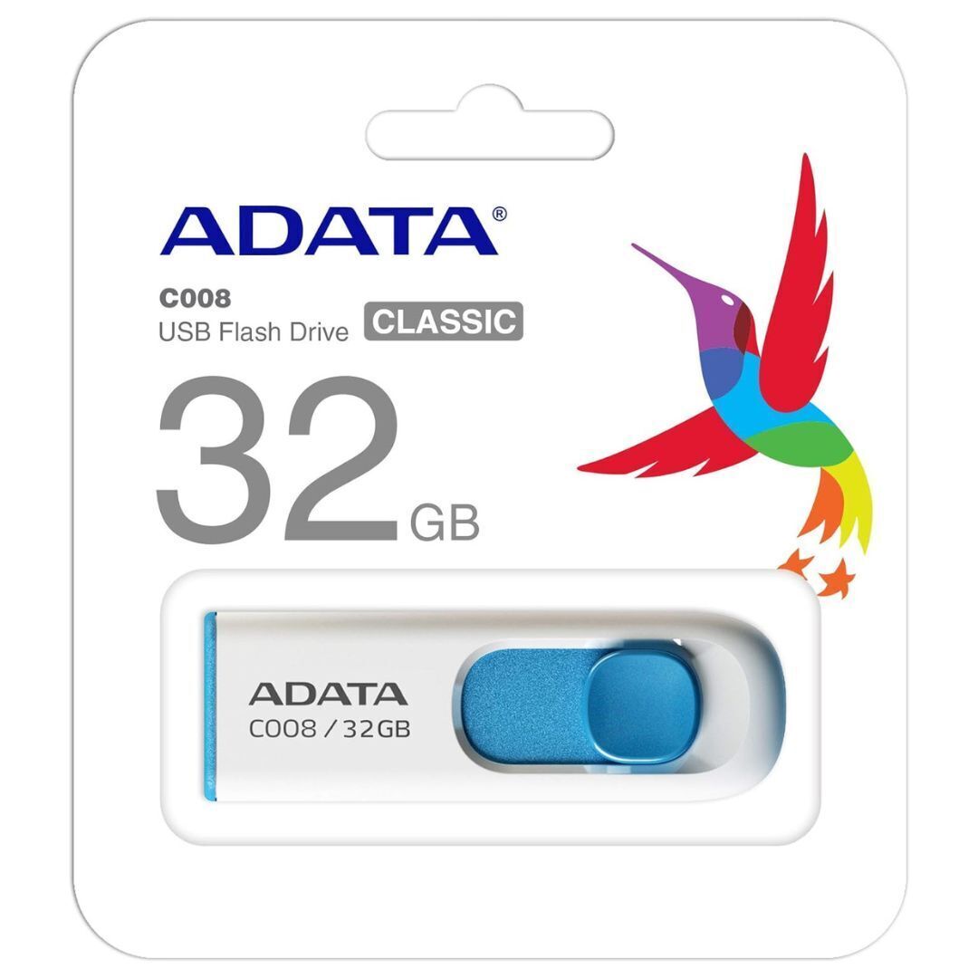 ADATA C008 32GB USB 2.0 Retractable Capless Flash Drive with 60 Mbps Read Speed (White)