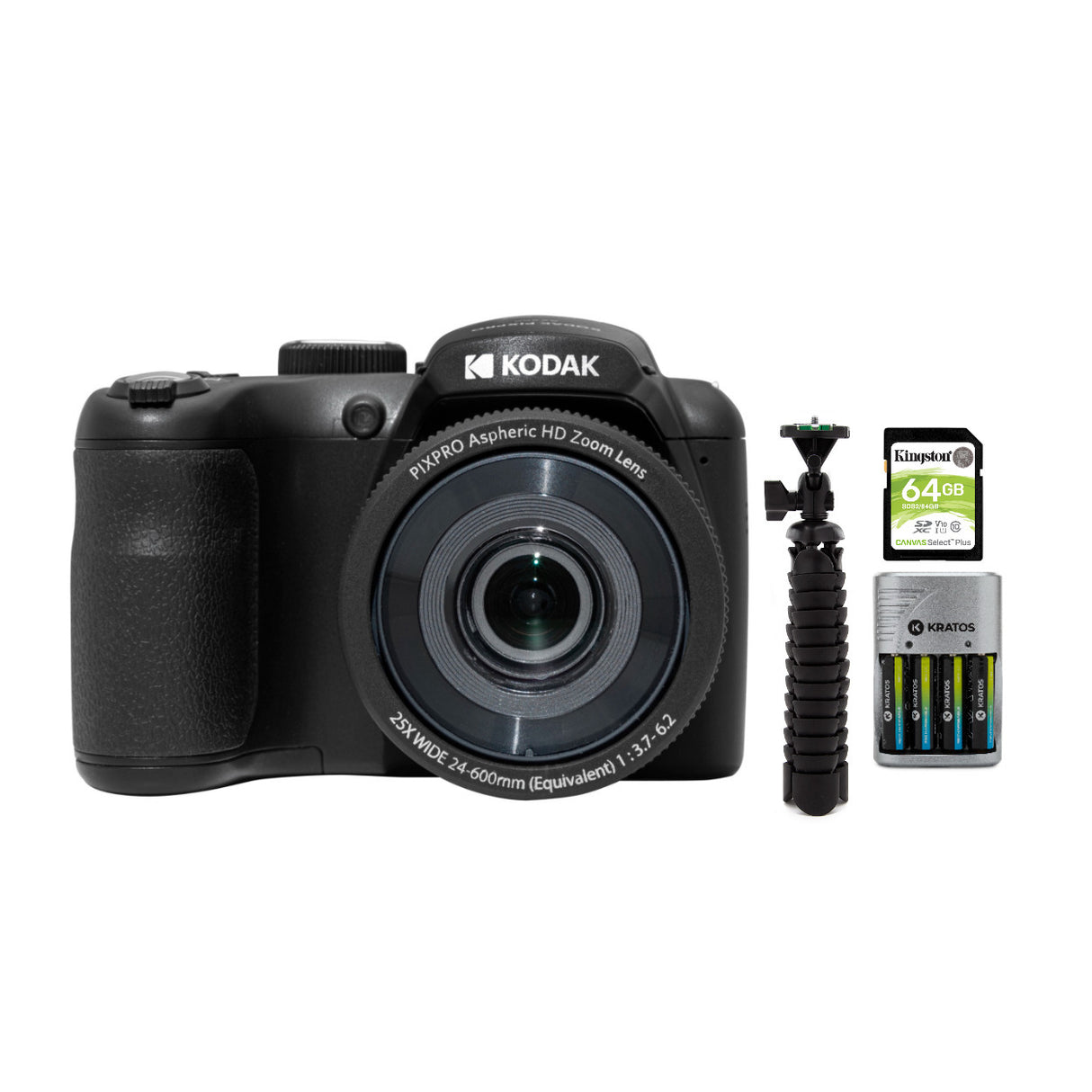 Kodak PIXPRO AZ255 Astro Zoom 16MP Digital Camera (Black) with 64GB SD Card, Batteries Bundle